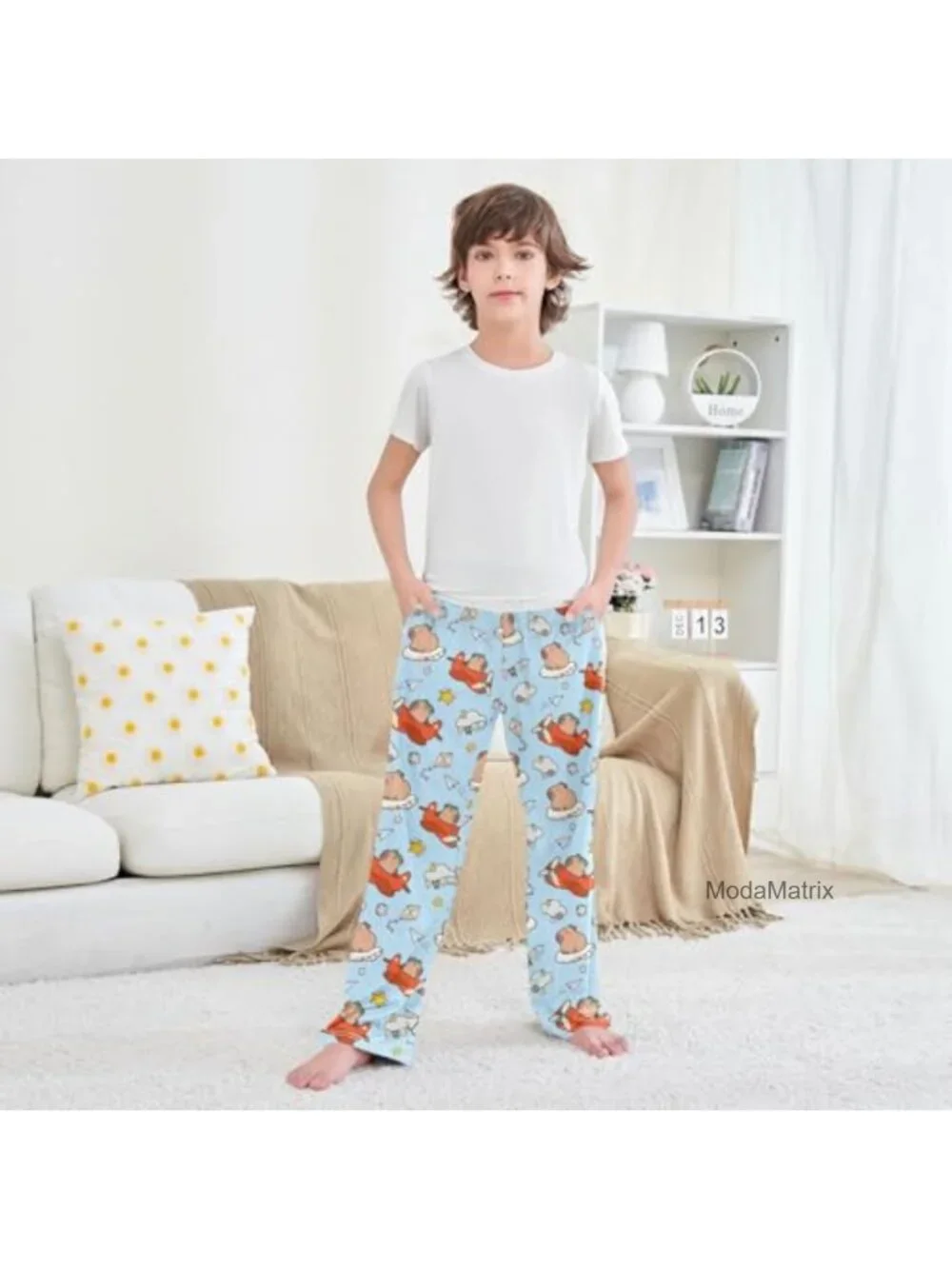 Kids Cartoon Capybara Pilot Pajama Pants Soft Sleepwear Lounge Bottoms 6-14Y